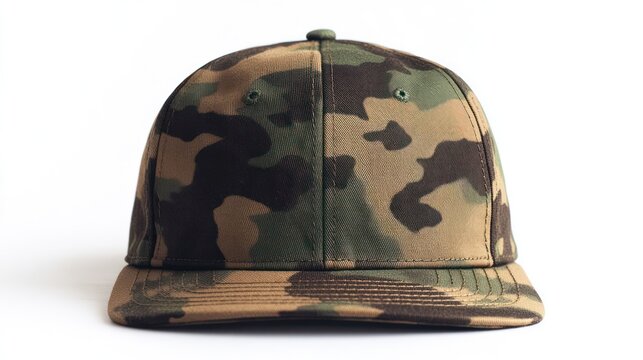 A camo snapback hat with a rugged army print, flat brim, and structured shape, isolated on a white background