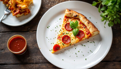 a slice of pizza on a white plate
