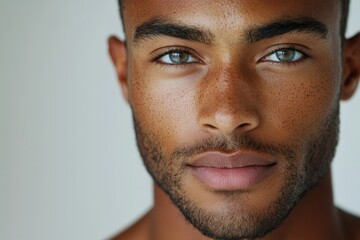 Fototapeta premium Close-up portrait of a young man with striking blue eyes and freckles, showcasing his handsome features.