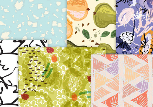 Seamless Pattern Collection with Hand Drawn Rough Abstract Strokes and Floral Elements