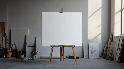 Blank canvas on easel in artist studio with natural light