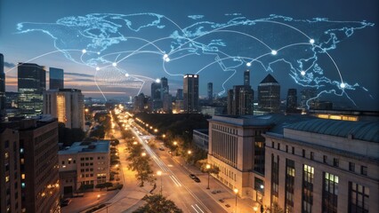 Global Network Cityscape Night Aerial View, World Map Overlay, Digital Connectivity, Globalisation Global Network, Digital Connectivity
