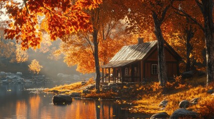 Fototapeta premium Rustic cabin illuminated by warm sunlight amidst autumn trees