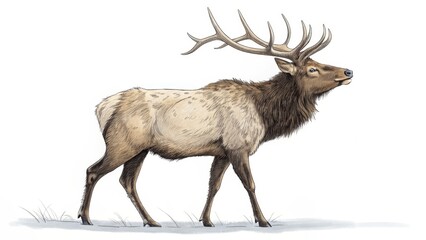 Elk Illustration Pen and Ink, Watercolor, Side Profile, Wildlife Art, Cervus canadensis Elk, wildlife art
