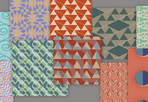 Seamless Pattern Set with Geometric Shapes and 3D Shadow Effect Muted Colors