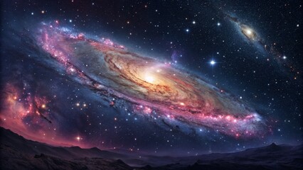 Fototapeta premium Cosmic Spiral Galaxy Landscape Digital Painting, Starry Night, Celestial Art, Space Scenery Space art, Galaxy painting