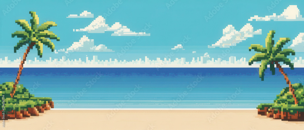 Fototapete pixel art arcade game level background with exotic beach, seashore with palm trees and blue sky. 8bi