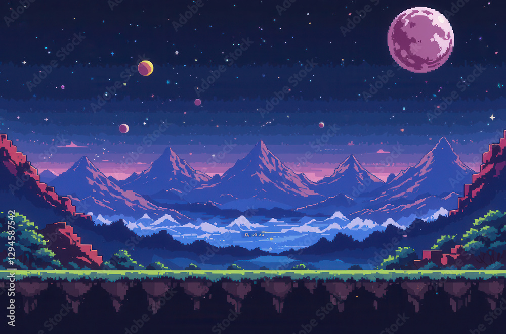 Poster pixel art arcade game level background on another planet with starry sky . 8bit retro game concept. 