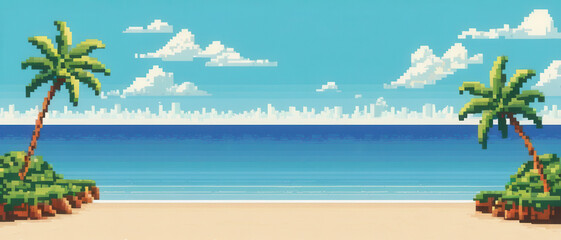 Pixel art arcade game level background with exotic palm beach, tropical seashore and blue sky. 8bit Retro game concept. Banner size with copy space