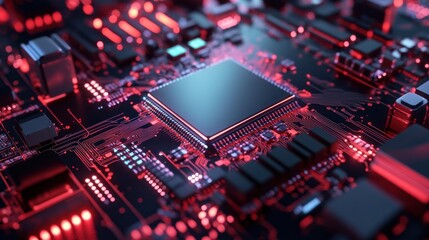 Fototapeta premium Close-Up View of a Red and Black Circuit Board with Microchip Detail