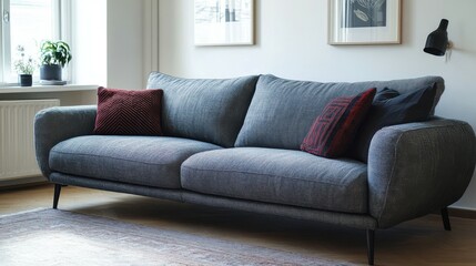 Indoor shot of hygge or scandi style couch in living room, Cologne, Germany