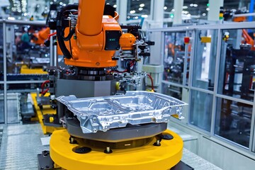 Fototapeta premium Automated robotic arm assembling metal components in a modern manufacturing facility