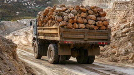Obraz premium Large Mining Truck Hauling Massive Load of Rocks in an Open-Pit Mine, Back View