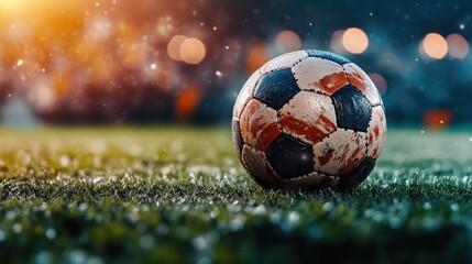 Fototapeta premium Close-Up of a Soccer Ball on a Grass Field in Evening Light
