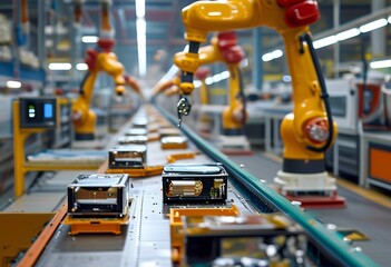 Fototapeta premium Industrial robots automate assembly line in a modern manufacturing facility in the early afternoon