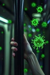 Hand on pole fearfully showing floating viruses spreading infection.