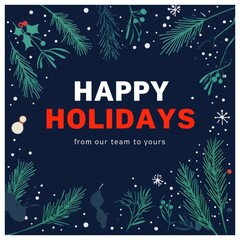 Fototapeta premium Corporate Festive Happy Holidays Winter Team Greeting Card - Dark Blue Pine Holly Berries Snowflakes Foliage Border