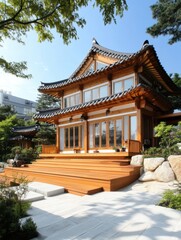 Obraz premium A Beautiful Wooden Korean Home Surrounded by Trees and Greenery