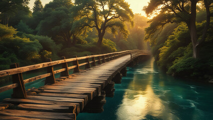 Fototapeta premium Stunning 8K Award-Winning Image of a Wooden Bridge Over a Serene River – Symbolizing Faith, Growth, and Every Step of the Journey