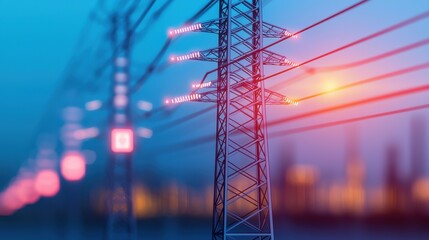 A vibrant close-up of power lines, showcasing electric towers against a gradient background with lights, emphasizing energy and technology.
