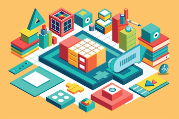This colorful isometric illustration showcases various mathematics tools, symbols, and elements for creative learning, Mathematics Customizable Isometric Illustration