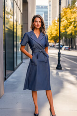Fototapeta premium A woman in a blue dress is standing on a sidewalk in front of a building