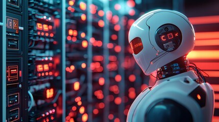 A futuristic robot interacts with glowing server racks in a high-tech environment, reflecting advancements in artificial intelligence and data processing.