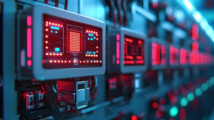 A futuristic control panel illuminated with vibrant red and blue lights, showcasing advanced technology and digital displays in a modern setting.