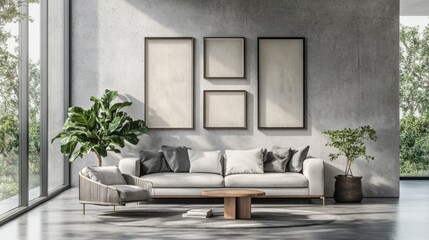 Fototapeta premium Modern interior design of living room and concrete wall and picture frame texture background