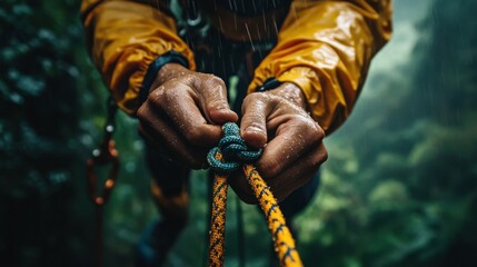 Climber tying knot on rope during rain in forest adventure