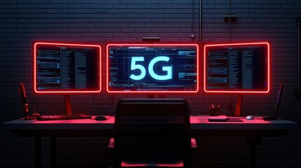 A modern workspace featuring three illuminated monitors displaying "5G" in bold, surrounded by a sleek, dark atmosphere.