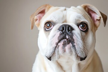 Obraz premium Close-up portrait of a curious bulldog on a beige background