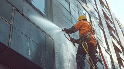 Close-up of Construction worker cleaning a facade of a building using a high pressure water jet. Building cleaning