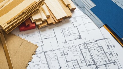interior design materials and color samples with floor plan blueprint