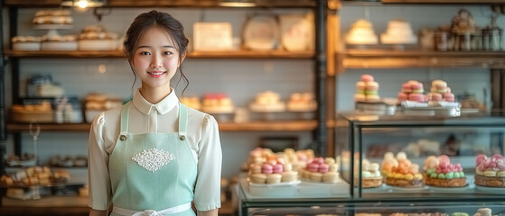 A Charming Patisserie Concept: A cozy bakery scene with rustic wooden shelves filled with artisanal cakes and macarons, featuring a graceful Asian waitress in a mint-green uniform, leaving copy space
