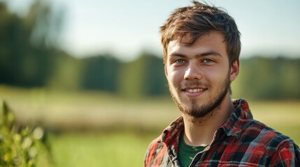 Close portrait of a smiling young Lithuanian male farmer standing and looking at the camera, outdoors Lithuanian rural blurred background