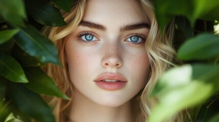 Close up portrait of a young woman with blue eyes framed by green leaves in natural light