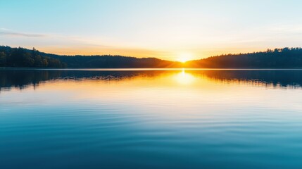 Obraz premium A tranquil lake at sunset, reflecting vibrant colors in the still water, surrounded by trees and a clear sky.