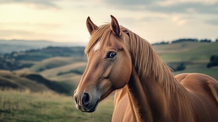 Obraz premium A graceful horse stands against rolling hills, embodying freedom and natural beauty under a soft, muted sunset sky.