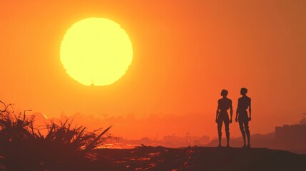 Silhouette Couple Watching Sunset Over Ocean