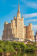 The view on the residential Stalinist high-rise building on Kudrinskaya Square. It is the one of seven Stalinist skyscrapers built in 1947-1954.