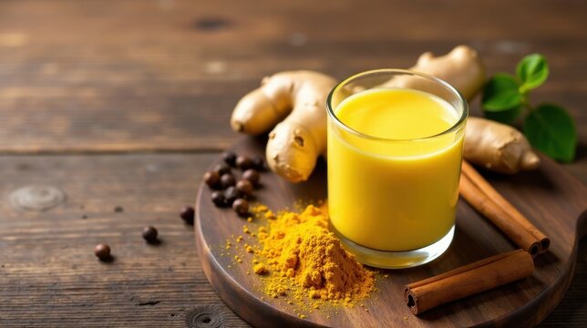 Golden Milk Elixir A Vibrant Blend of Turmeric, Ginger, and Spices on Rustic Wood