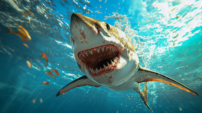 Great White Shark with Open Jaws in Underwater Attack