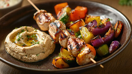 A healthy meal with grilled chicken skewers, roasted vegetables, and a side of hummus, elegantly arranged on a ceramic plate, photographed with soft, warm lighting