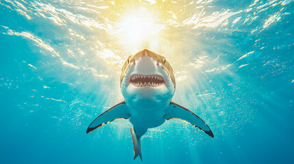 Great White Shark Swimming Underwater with Sunlight Rays