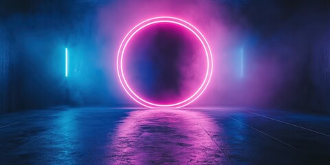 Obraz premium Neon circle illuminated by purple and blue lights in a dark urban space during nighttime