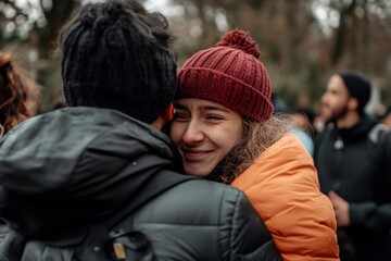 Fototapeta premium Tender Embrace: Volunteer Comforts Refugee with Warm Hug Amidst Crowd of Supporters in Cold Weather