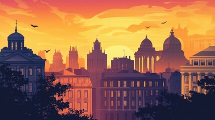 Colorful silhouette of historic buildings at sunset with decorative elements in the background