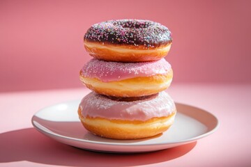 Stacked Donuts on Pink: Sweet Treats with Chocolate Sprinkles and Pink Glaze on a Minimalist Plate