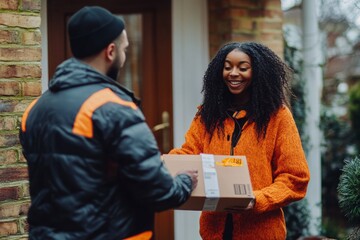 Cheerful African American woman receiving parcel from delivery man at home